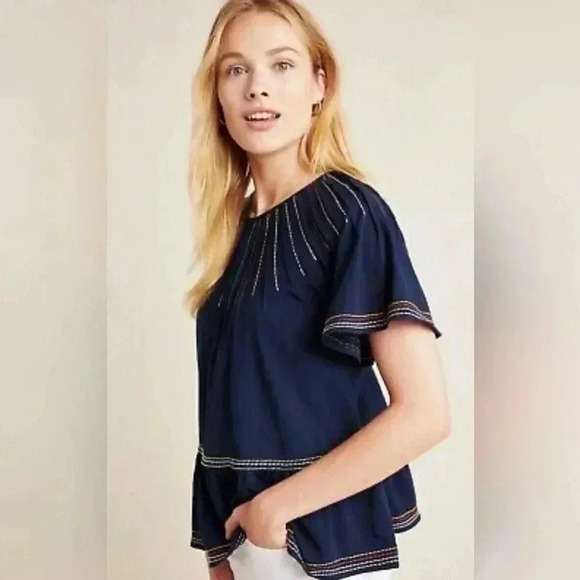 Maeve Anthropologie Chamonix Embroidered Swing Top Size XS Navy Blue - Picture 8 of 9